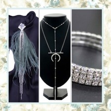 3PC SET EARRINGS NECKLACE BRACELET BLING OSTRICH FEATHER SILVER BLING RHINESTONE