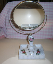 petit miroir pivotant s/socle céramique blanche décor fleurs, occasion BE