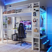 90 X 200 cm Lit Mezzanine, Cadre En Fer Avec Bureau, 4 Tiroirs, Ruban LED, Blanc