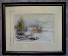 Tableau signé TOULLEC aquarelle paysage lac nature watercolour french paint