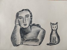 Joli Dessin Fusain  Art Moderne Femme au Chat   