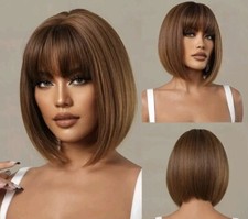 Perruque Femme Carré Court Châtain Lisse Frange - Cheveux Synthétiques Neuf