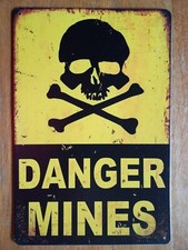 Plaque métallique lithographiée, DANGER MINES, TETE DE MORT, 20x30cm