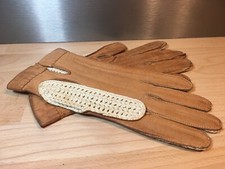 Gants en cuir marron et tissus beige pour femme vintage