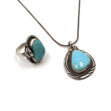 Lot de 2 bijoux bague et collier en argent 925 avec pendentif turquoise Mexique