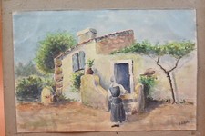 Dessin original début XXème - Femme au foulard Maison de campagne - Demetz