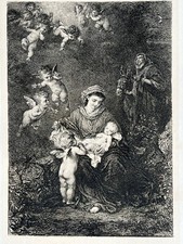 Knaus Gravure Eau Forte Etching Sainte Famille Vierge Marie Jesus Christ Angelot