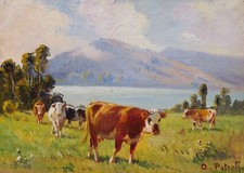 PETROFF tableau russe paysage vaches lac huile peintres émigrés Vieille Russie
