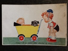CP ILLUSTREE SIGNEE JANSER GARCON CASQUETTE POUSSETTE BEBE CHIEN- TACHEE - 67030