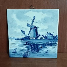 Carreau En Céramique Delft, Peint À La Main, Moulin, Bleu, Signature, Carrelage