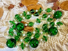 Collier perles culture eau douce verre Murano vert inclusions - 57 cm