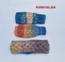 Bandeau et mitaines assorties fait main en laine dégradée de bleu et orange