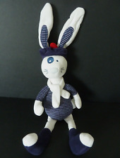 89. Doudou peluche TAPE A L'OEIL LAPIN BLANC BLEU RAYE BONNET POMPON ROUGE TBE