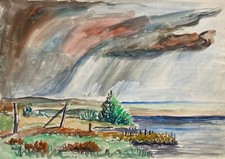 Aquarelle Paysage Au Bord De La Mer Tempête Pluie Oluf SR 28 X 39,7 Cm