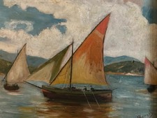 Très Belle Peinture 1940 Huile sur carton Mer bateau Bretagne ? Signé Brugel Art