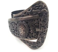 Ancien bracelet manchette Indochine en argent massif filigrane Art Déco signé