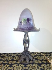 authentique lampe champignon art déco fer forgé obus pâte de verre NOVERDY