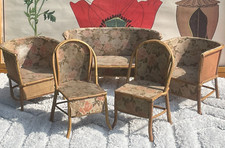 JOUET ANCIEN - SALON DE POUPEE EN BOIS BAMBOU COURBE  - ART DECO 1930 - 5 PIECES