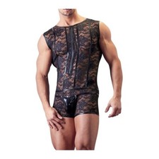 Body Combishort homme sexy Dentelle LACE FLOWER Noir avec Zip - Taille S