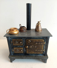 Jouet Ancien Cuisinière Miniature avec 3 petits récipients - Métal Laiton Cuivre