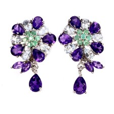 925 Argent Sterling Boucles Poire Améthyste Aigue-Marine Émeraude Gemme Bijoux