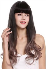 Perruque pour Femme Long Ondulés Frange Balayage Brun Foncé Rose Cosplay H1800