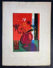 Loïc DUBIGEON "Bouquet de fleurs au vase rouge" Lithographie