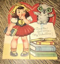 Vtg Valentine Day Bi Fold German Girl Owl Books Heart
