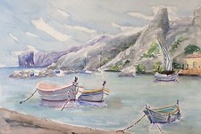 Grande aquarelle Marseille bateau mer bateaux Provence
