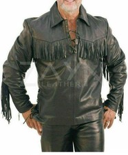 Veste homme en cuir véritable d'agneau naturel franges noires à lacets...