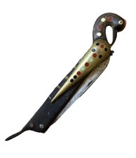 Couteau Pliant Ancien Zoomorphe Oiseau Corne Sculptée Double Lame Art Populaire