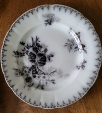 6 assiettes Flore, U&C Sarreguemines, décor noir/blanc, fin XIX