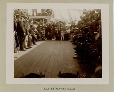 Ladies potato race on a board of a ship  Vintage citrate print. Tirage citrate