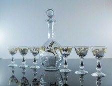 LEGRAS ART DECO SERVICE A LIQUEUR DIGESTIF CARAFE 6 VERRES EMAILLE MUGUET DORE