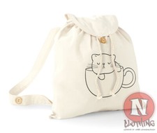 Kitty Tasse Sac à Dos Chat & Thé Plage Vacances École Collège Coton Bio Jour Sac