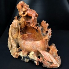 Encrier ancien Chine pierre de lard? sculpture singe pot pinceaux calligraphie