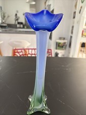 VASE EN VERRE SOUFFLÉ DE MURANO STYLE OPALINE BLEU/VERT -  29 Cm - VINTAGE