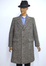 40s Black/White Herringbone Mottled Tweed Wool Tailored Coat Sz L Made in France