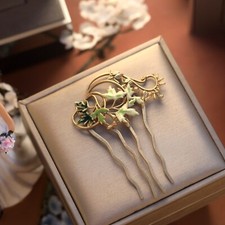 Peigne à Cheveux Doré Art Nouveau Feuille Email Vert Vintage Style QD22