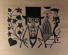 Gravure sur Bois Homme Avec Cylindre Femmes Parapluies Signé 38x45,5