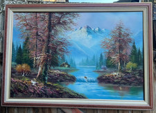 Tableau Huile sur toile paysage lac de montagne cabane automne arbre T. Marino
