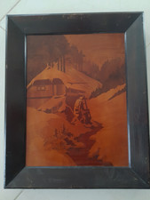 GRAND TABLEAU ENCADRE MARQUETERIE  BOIS PAYSAGE MONTAGNE ALSACE VOSGES