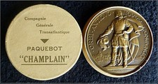 MEDAILLE CIE TRANSATLANTIQUE PAQUEBOT CHAMPLAIN DELAMARRE 68MM COFFRET ORIGINE
