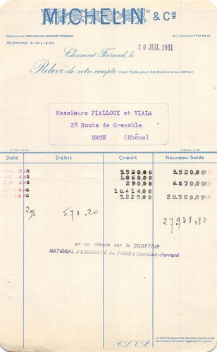 Facture 1951 michelin a - ,