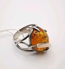 Bague Neuve Argent 925 Or 375 Ambre Miel Baltique Naturel 6,54g Vintage Chic