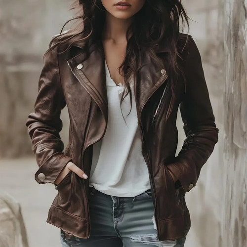 Women brown leather - leather, biker
