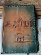 ANCIENNE LISEUSE PROTÈGE-LIVRE EN CUIR DÉCOR ORIENTALISTE FAIT MAIN