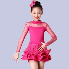 Enfant Filles Salsa Latin Danse Robe Paillette Maille Dancewear à Volants D