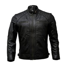 Veste en cuir pour homme véritable peau d'agneau noire cavalier motard...