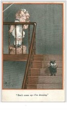 CHATS.n°1448.DON'T COME UP, I'M DRESSING.CHATON NOIR MONTANT LES ESCALIER.ILL